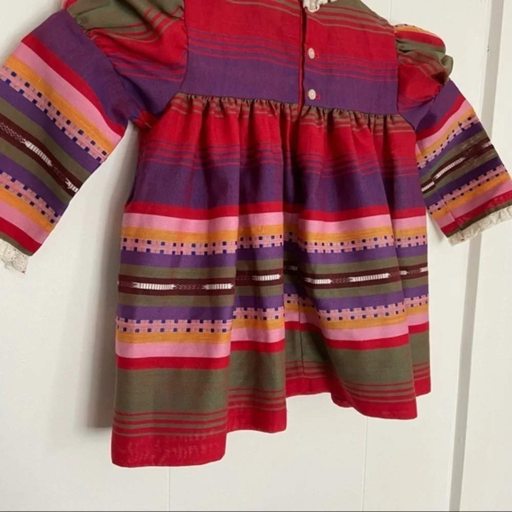Vintage Nanette 1960’s 1970’s‎ toddler girl dress striped puff sleeve crochet 2T